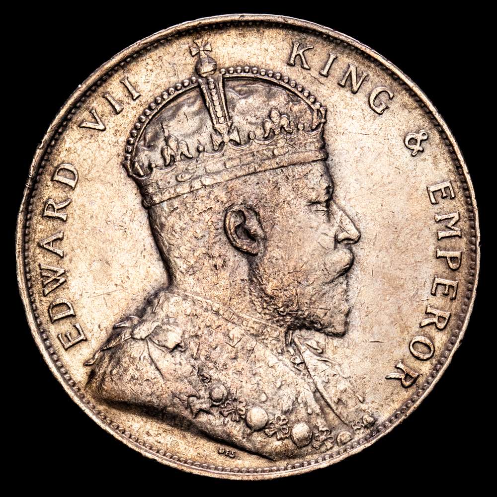Colonias del Estrecho. Eduardo VII. 1 dólar. 1908. (Km-26). Ag. 20,16 g. XF.