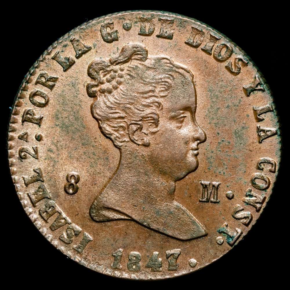 Isabel II. 8 Maravedís. (10,53g.). Segovia. 1847/6. AC-134. SC/SC-. Muy escasa en esta presentación.
