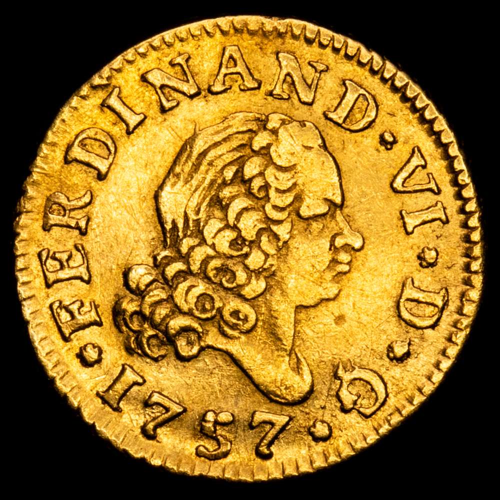 Fernando VI (1746-1759). 1/2 escudo. 1757. Madrid. JB. (Cal-561). Au. 1,73 gramos. Cuarto busto. MBC+.