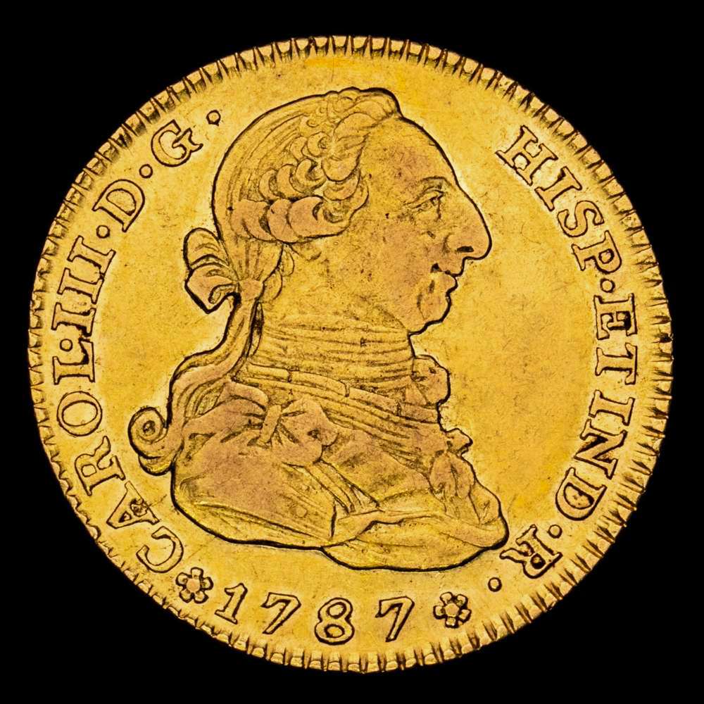 Carlos III. 1787. Madrid. DV/PJ. 2 escudos. (AC. 1569/1 var). 6,69 gramos. Restos de brillo original en anverso y brillo original en el reverso. Muy escasa MBC+/EBC. Atractiva.