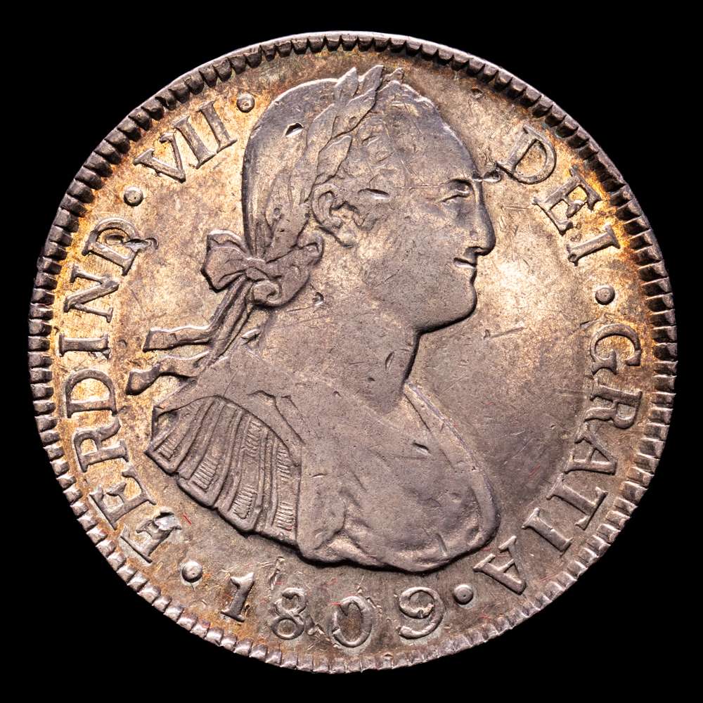 Fernando VII (1808-1833). 2 reales. 1809. Guatemala. M. (Cal-791). Ag. 6,49 gramos. Busto de Carlos IV. Pequeñas marcas. Pátina. Rara.  VF+.