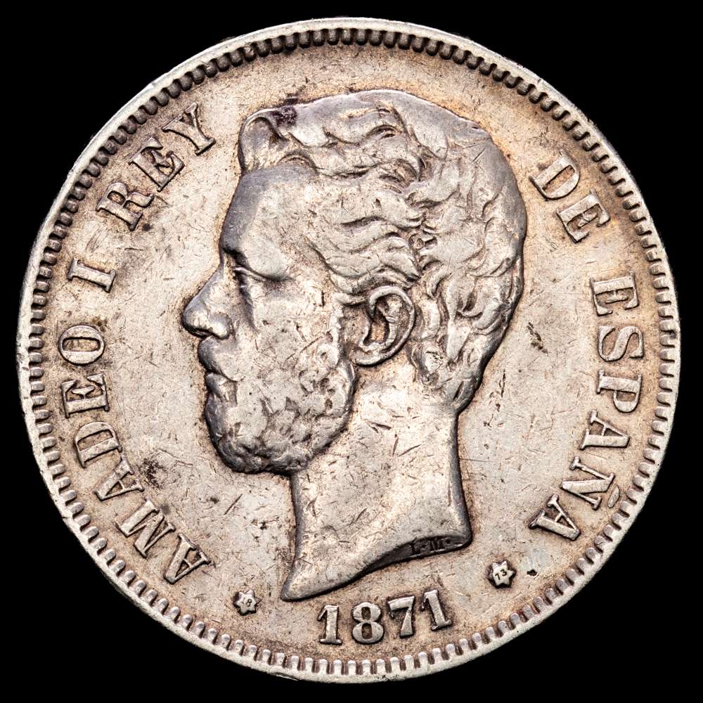 5 pesetas. 1871*18-73. Madrid DE-M. AMADEO I.Cal-2019-3. 24,81 g. plata 900. MBC-. Escasa.