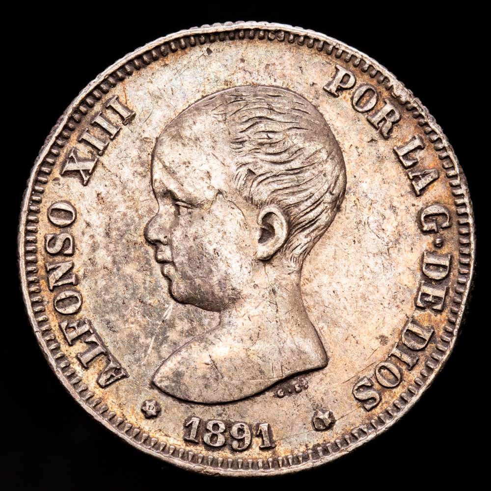 Centenario de la Peseta (1868-1931). Alfonso XIII (1886-1931). 2 pesetas. 1891*18-__. Madrid. PGM. (Cal-84). Ag. 9,98 gramos. Escasa. MBC/MBC-. Dos últimas estrellas no visibles.