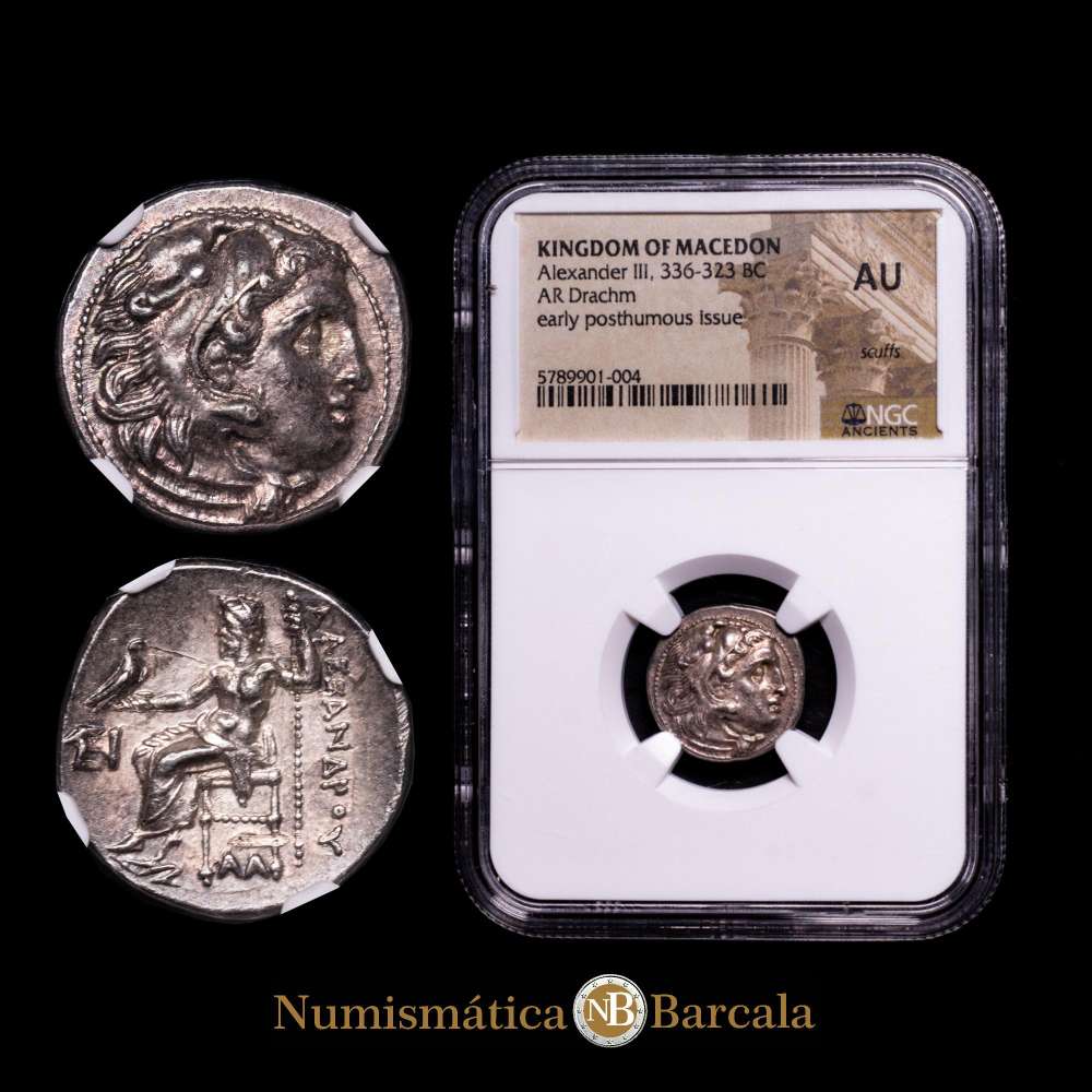 Reino de Macedonia. Alejandro III Magno. Dracma. 324/3 a.C. Sardes. Acuñado bajo Menander. (Price-2555). Ag. Muy bien centrada. Encapsulada por NGC como AU.