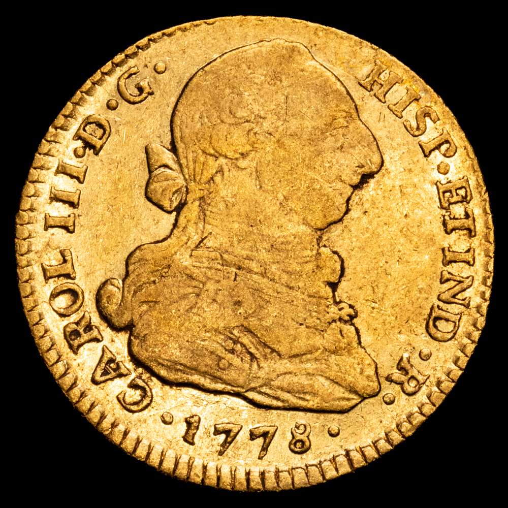 Carlos III (1759-1788). 2 escudos. 1778. Popayán. SF. (Cal-1636). (Restrepo-62-14). Au. 6,73 gramos. Rara, fecha que falta en la mayoría de las colecciones. R.B.O. MBC.