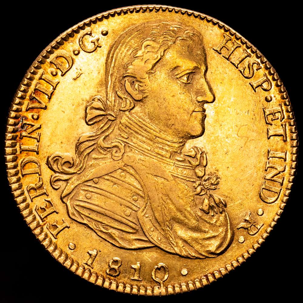 Fernando VII (1808-1833). 8 escudos. 1810. México. HJ. (Cal-1783). (27,01 g.). Au. Busto imaginario. Precioso color y brillo original. Bellísima. Rara así. EBC.