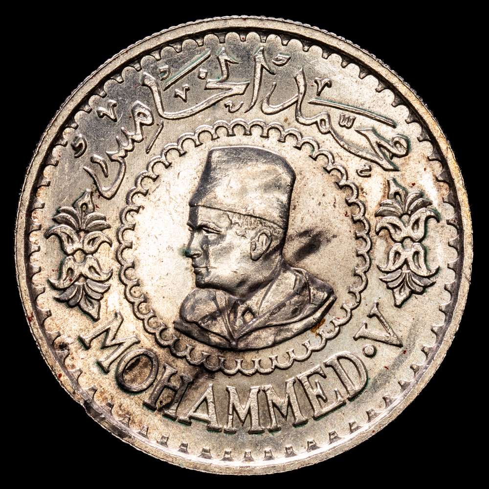 Marruecos, 500 francos, 1956, Hegira 1376,  Mohammed V, Paris, Plata 900, 22,57 g. Y54. XF.