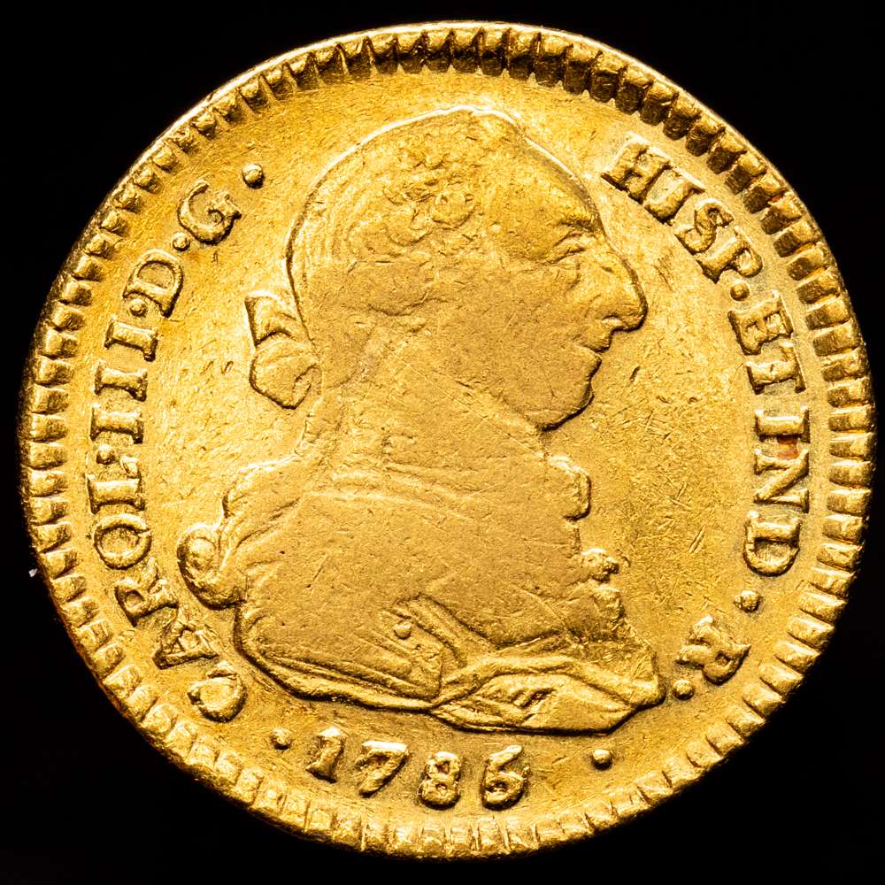 Carlos III. 2 escudos. Popayán. 1785 sobre 4. SF. (AC. 1648) (Restrepo 62-27). Cy no cita la sobrefecha. 6´61 g. Casi MBC, restos de brillo original. Escasa. Interesante.