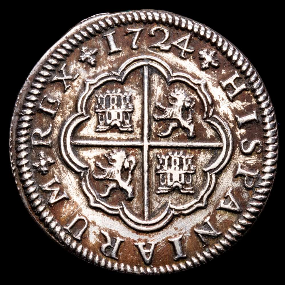 LUIS I. 1724 Sevilla. 2 reales. (CA 29) 5,52 gr Ar. LUDOUICUS. Rara. MBC+