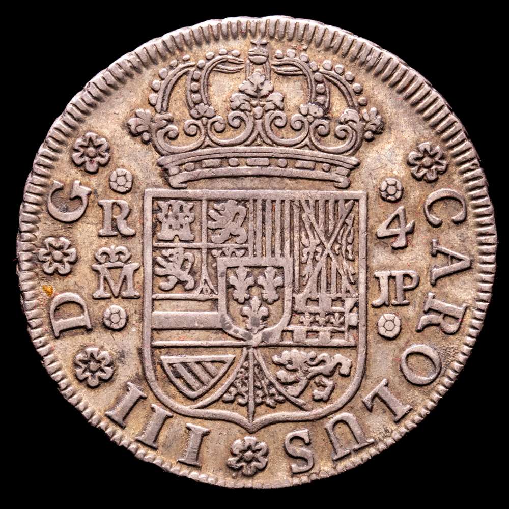 Carlos III (1759-1788). 4 reales. 1761. Madrid. JP. (Cal-853). Ag. 13,46 gramos. Ligero tono. Escasa. MBC+.