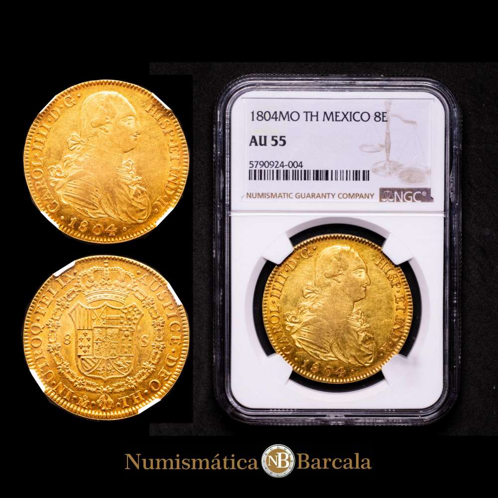 Carlos IV (1788-1808). 8 escudos. 1804. México. TH. (Cal-1648). (Cal onza-1040). Au. Bonito color y restos de brillo original. Encapsulada por NGC como AU 55.