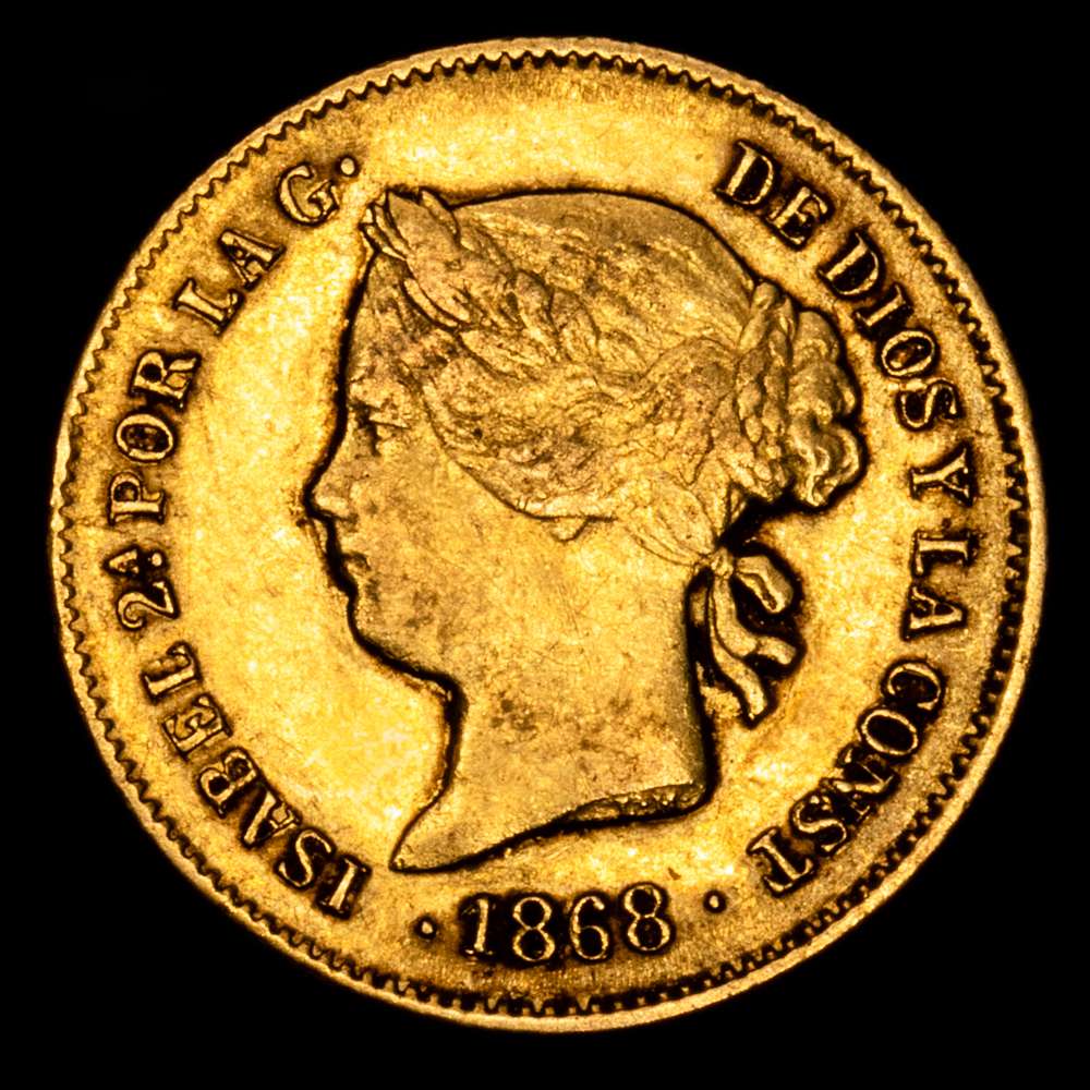Isabel II. 1 Peso. (1,62 g.). Manila. 1868. AC-833. Escasa. MBC+.