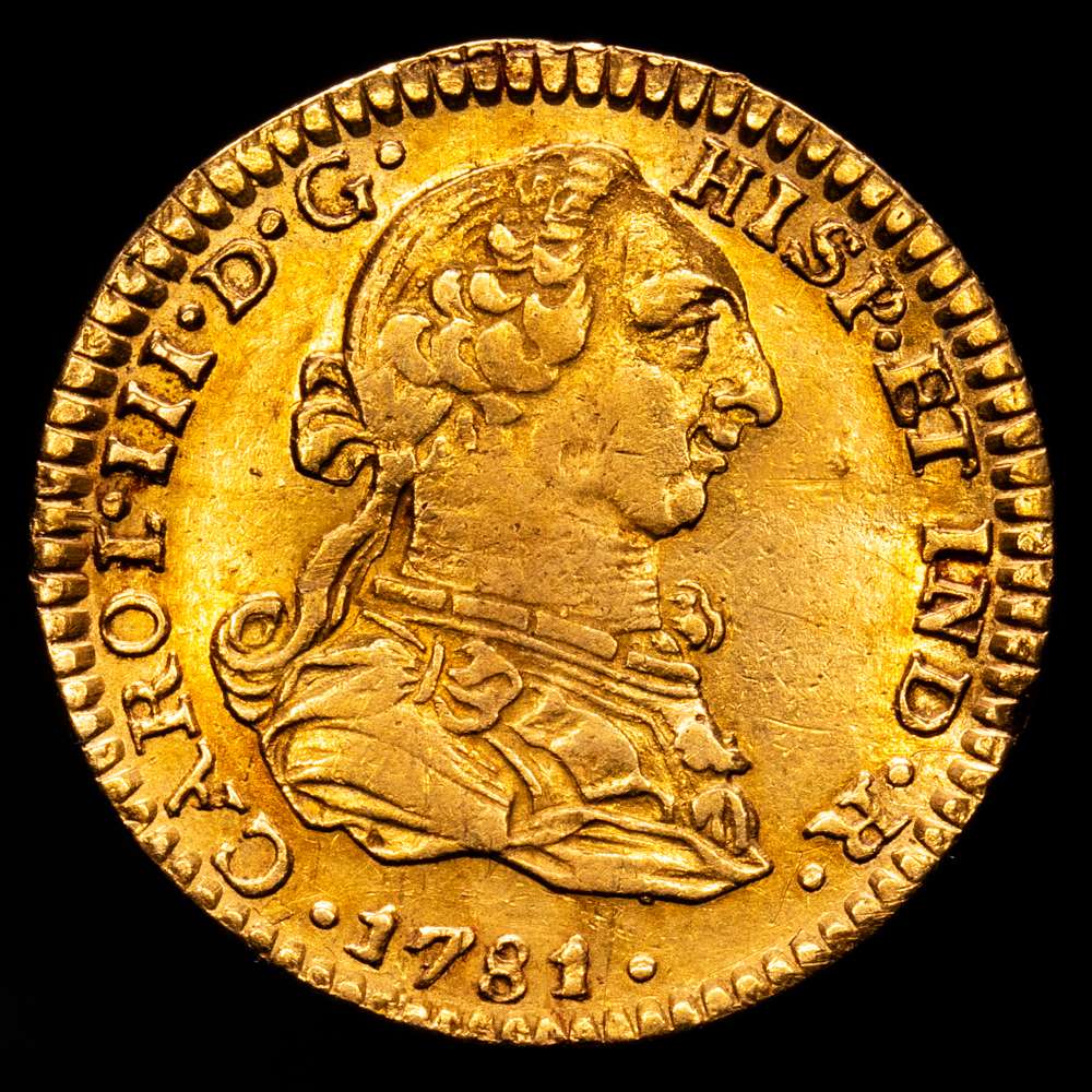 Escudo de oro de Carlos III, 1781, Mo-FF/M. Casa de la Moneda de la Ciudad de México, KM118.2, Cal-1399 (sobreensayador no registrado). Muy rara. MBC+/EBC-.