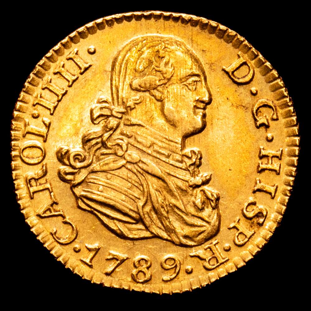 Carlos IV (1788-1808). 1/2 escudo. 1789. Madrid. MF. (Cal-1068). Au. 1,76 g. Bonito color. Restos de brillo original. Rara, más en esta conservación. EBC/EBC+.