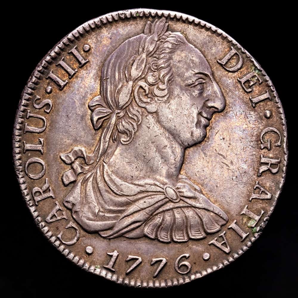México, Carlos III, 8 Reales 1776 Mo FM, Casa de la Moneda de la Ciudad de México, Plata, KM-106.2,Cal-1110, 26,87 gramos. Bella pátina. VF+.
