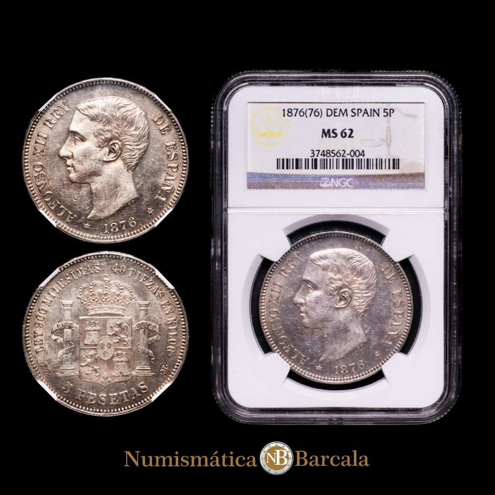 Alfonso XII (1874-1885). 5 pesetas. 1876*18-76. Madrid. DEM. (Cal-37). Ag. 24,95 g. Bonita pátina. Brillo original. Precioso ejemplar. Encapsulada por NGC como MS 62.