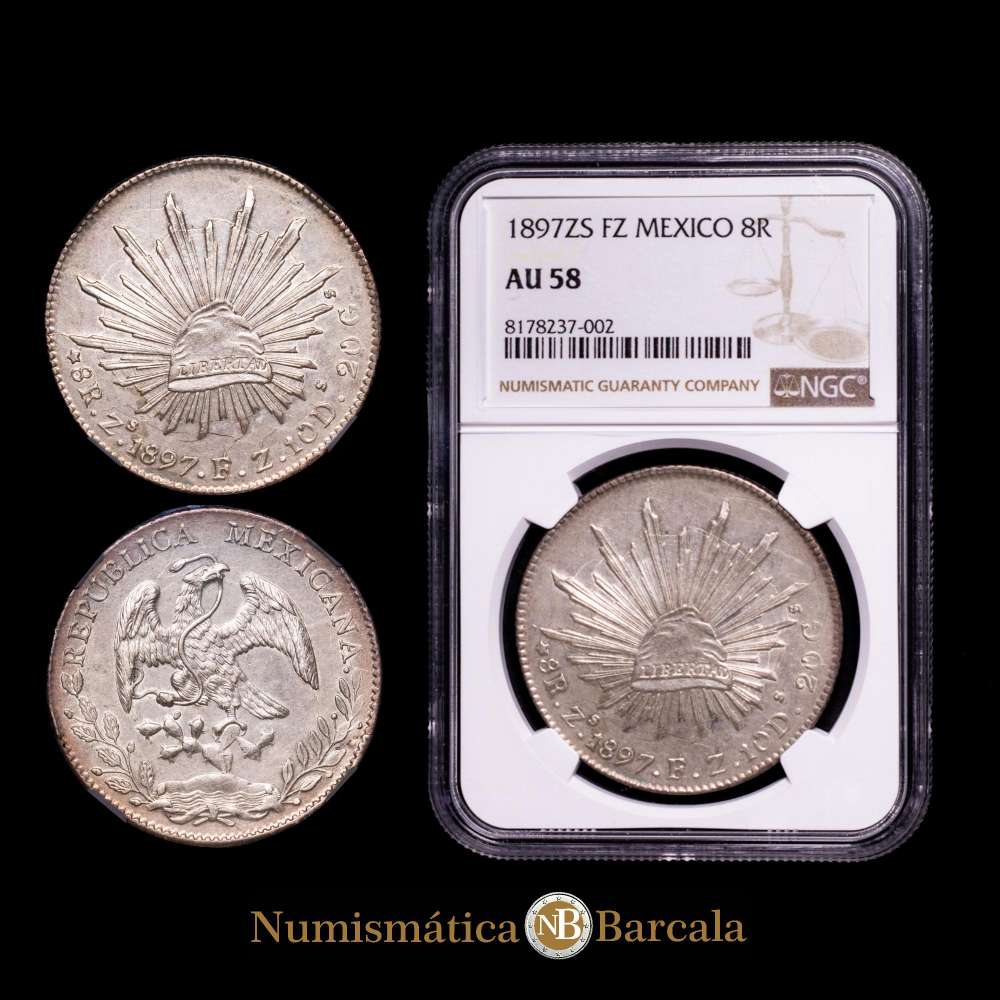 Mexico Federal Republic 1897 Zs FZ 8 Reales Silver (.903) Zacatecas Mint (4877000) 27.07g. KM 377.13.  Encapsulada por NGC como AU 58.