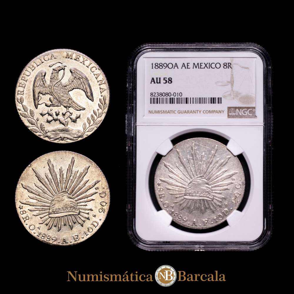8 Reales de la República de México , 1889 Oa-AE, Encapsulada por NGC como AU 58, Casa de la Moneda de Oaxaca, KM377.11, DP-Oa34. Buen brillo en ambos lados