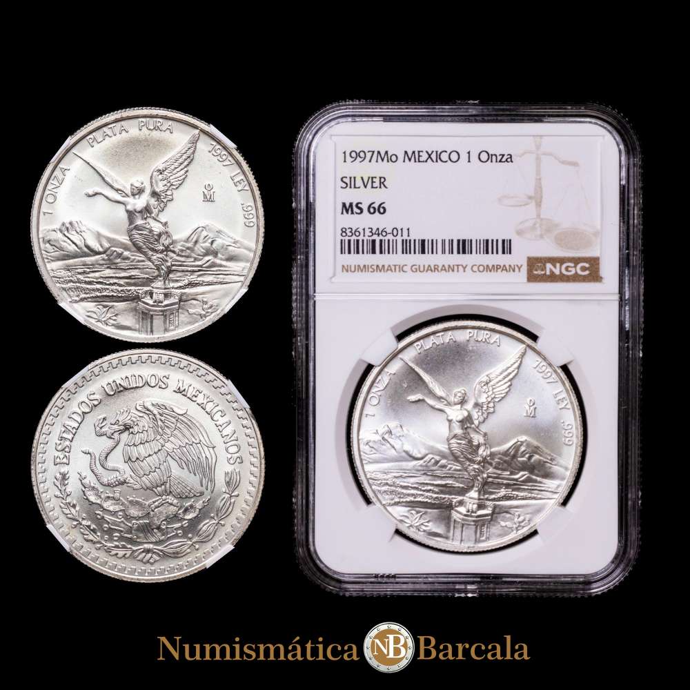 Moneda de plata Onza 1997-Mo de México. Encapsulada por NGC como MS66 , Casa de la Moneda de la Ciudad de México, KM613. Tirada: 100 000.