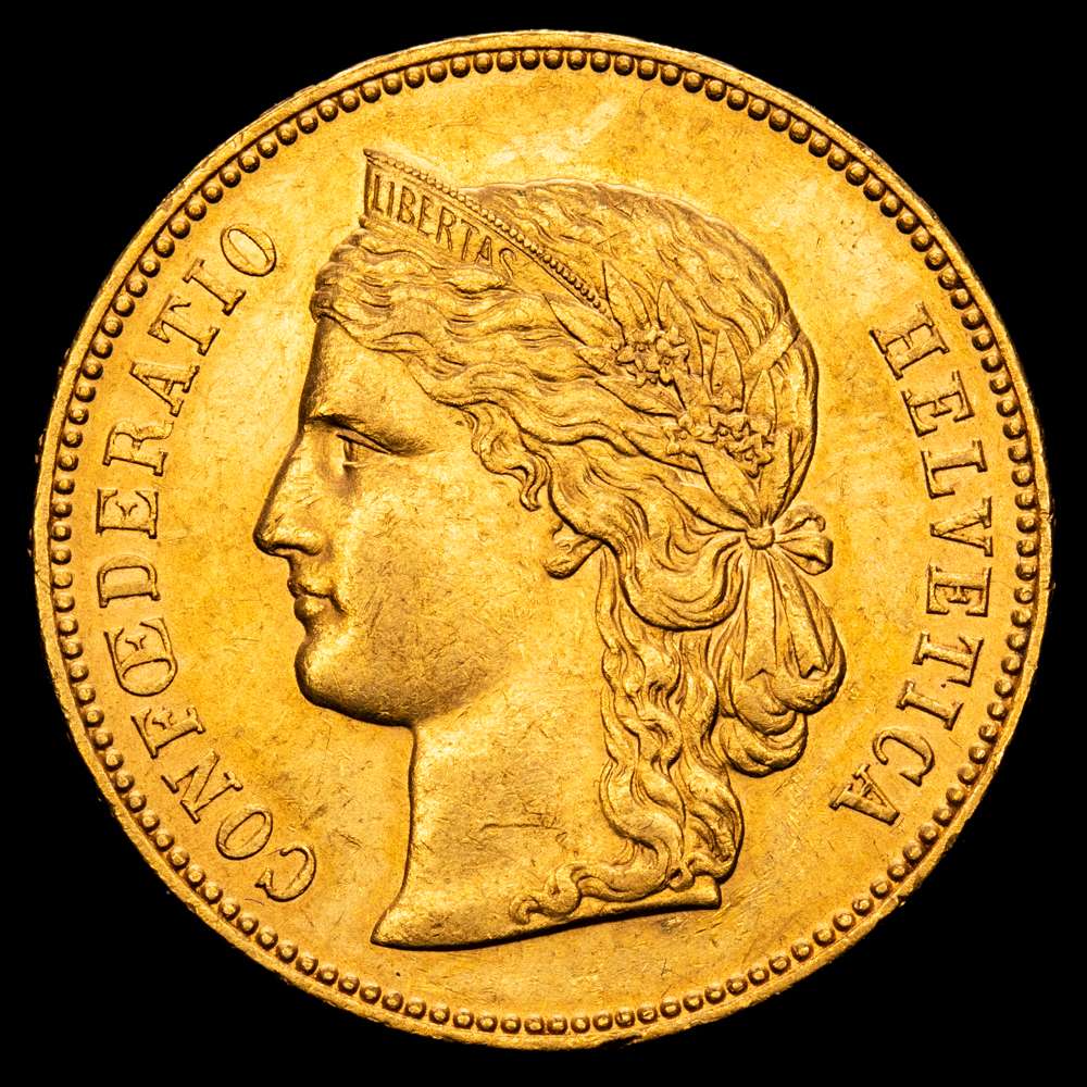 Confederación Suiza. Moneda de 20 francos (21 mm, 6,45 g, 6 h). Ceca de Berna. Fechada en 1891. KM 31,3; Friedberg 495. Ligeramente tonificada con brillo subyacente.  AU.