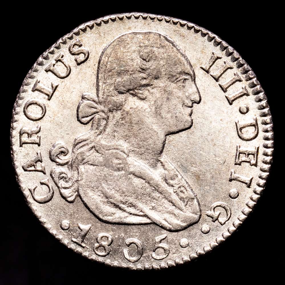 Carlos IV (1788-1808). 2 reales. 1805. Sevilla. CN. (Cal-724). Ag. 5,94 gramos. Parte del brillo original. bella. EBC-/EBC.