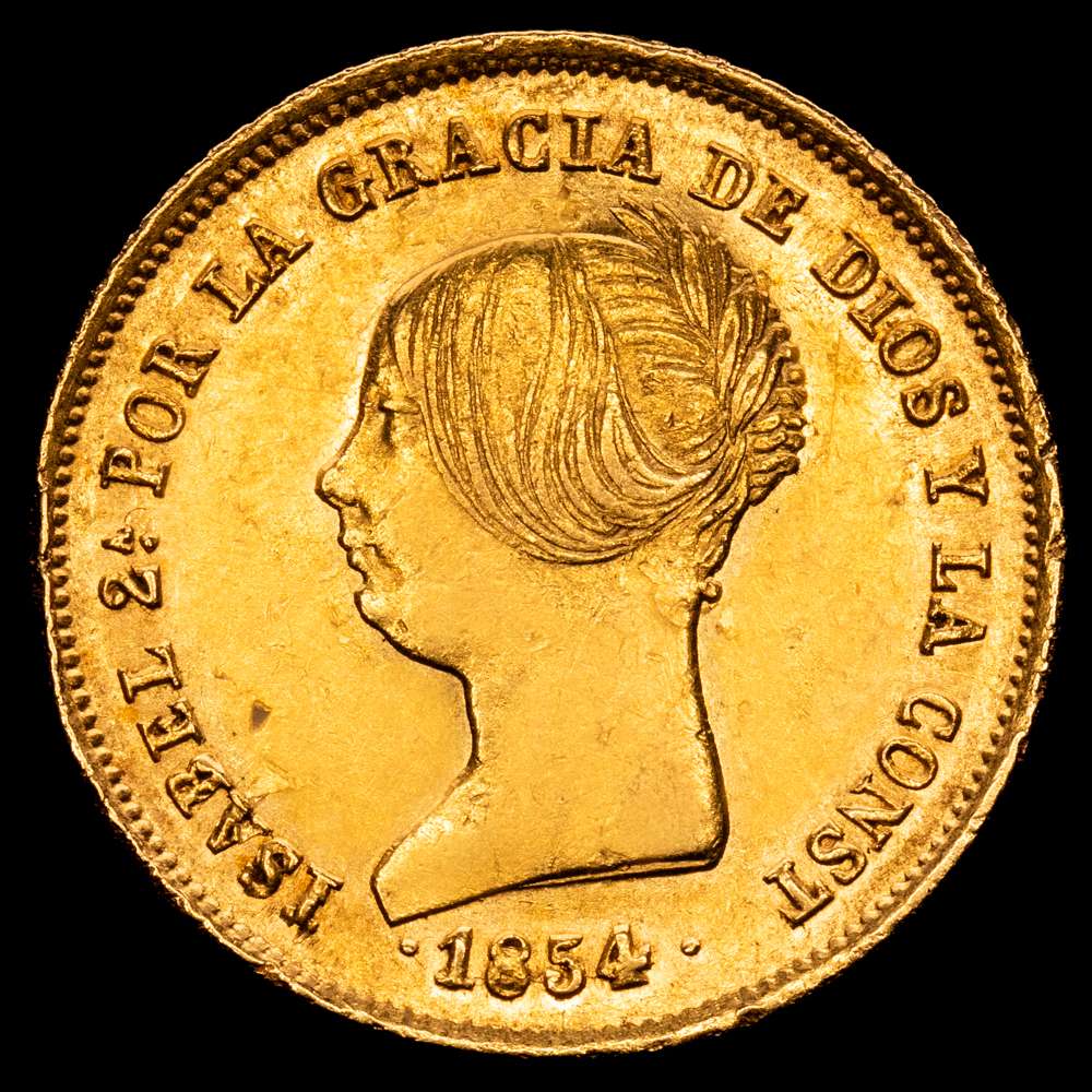 Isabel II (1833-1868). 100 reales. 1854. Sevilla. (Cal-795). Au. 8,32 g. Brillo original. Bonito color. EBC-.