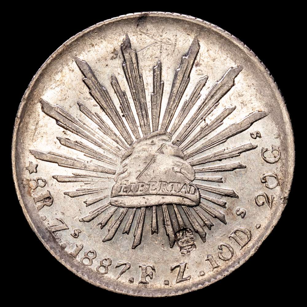República de México. 8 Reales. (27,05 g.). Zacatecas. 1887. F·Z. (KM 377.13). Resellos chinos. XF.