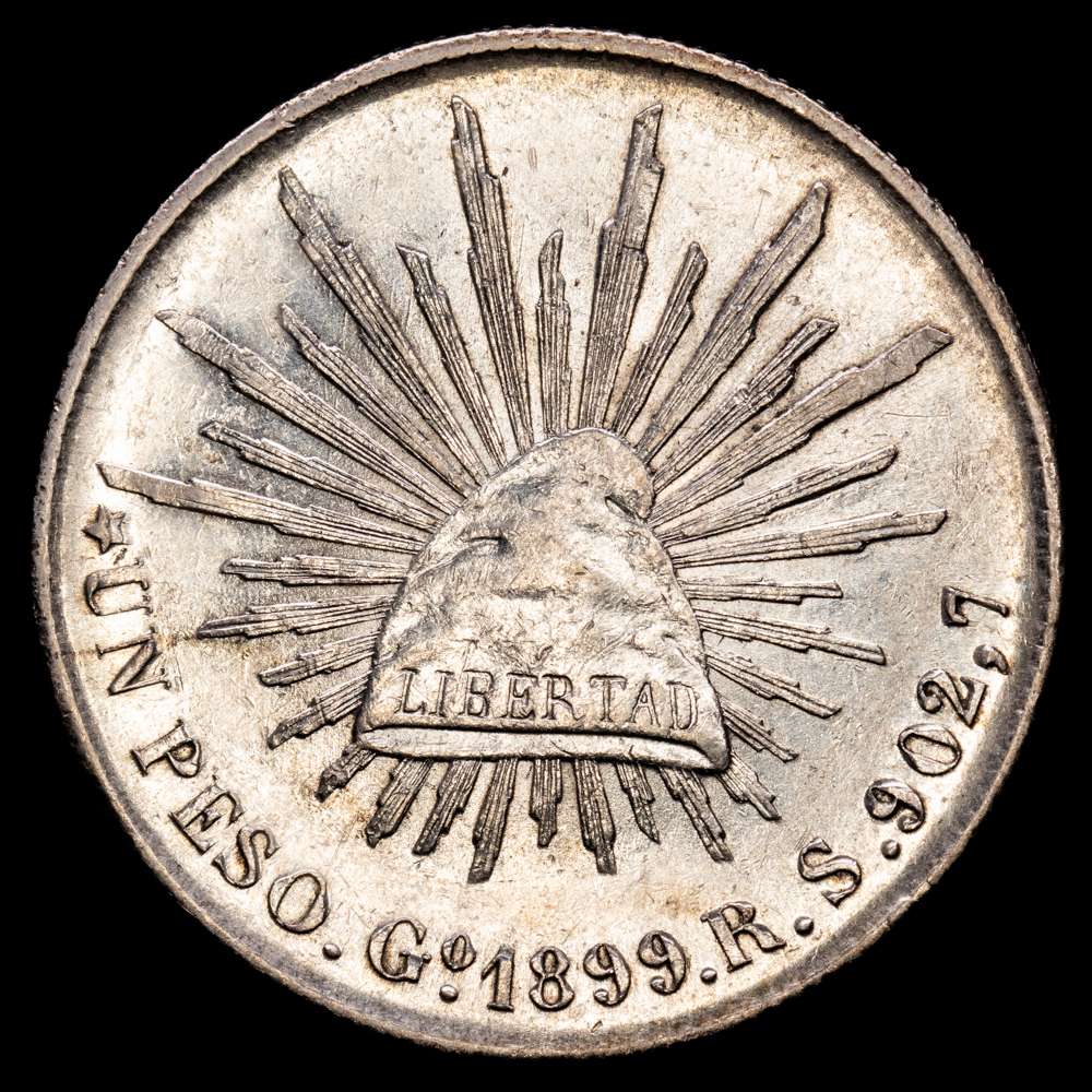 México. 1 Peso. 1899. Guanajuato. RS. (Km-409,1). Ag. 27,01 gramos. Parte de brillo original. EBC+.