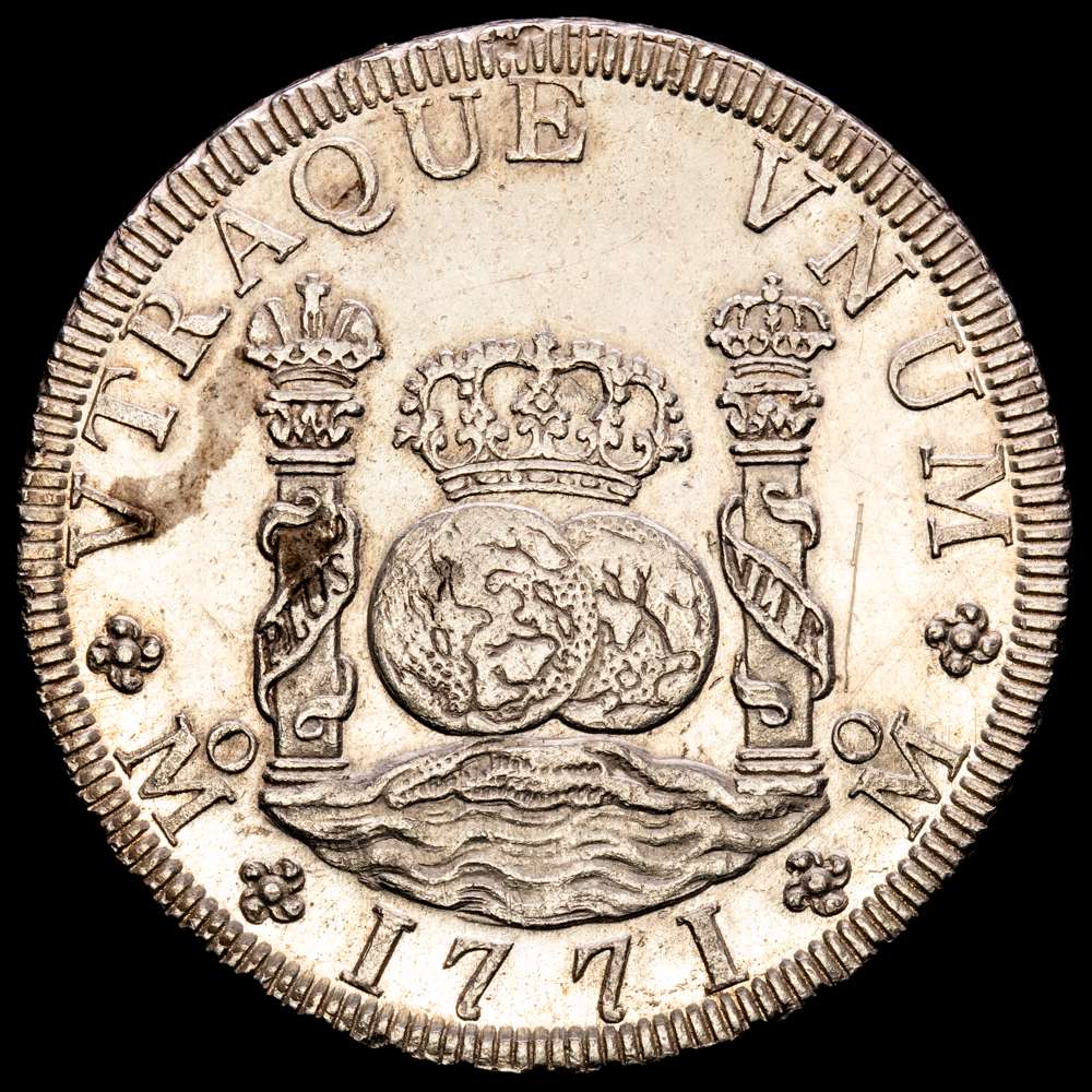 Carlos III (1759-1788). 8 reales. 1771. México. FM. (Cal-1103). Ag. 26,71 gramos. Muy atractivo con parte del brillo original. Escasa en esta conservación. EBC+/EBC.
