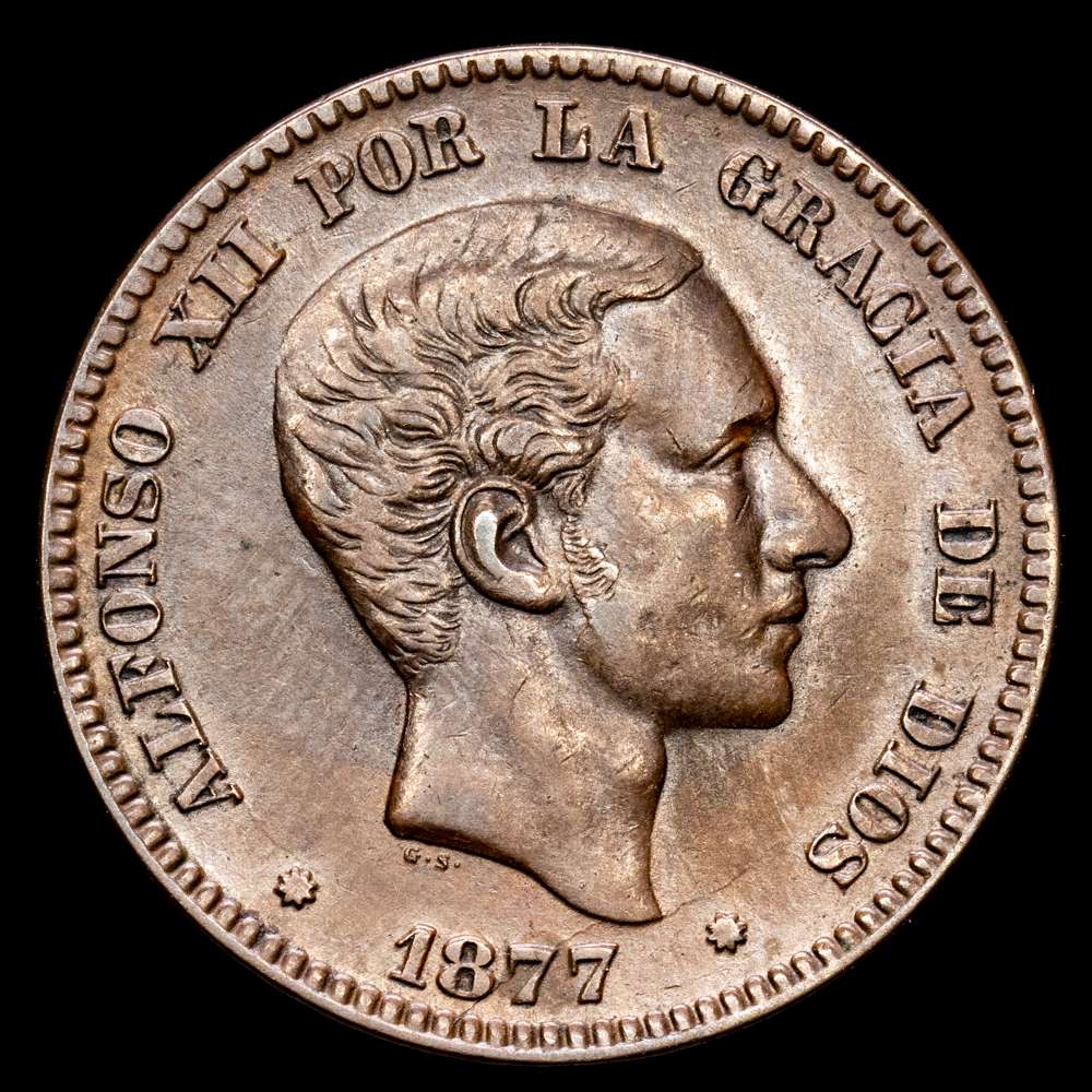 Alfonso XII. 10 Céntimos. (10,26 g.). Barcelona. 1877. Ensayador O·M. Aureo y Calicó-8. MBC+.