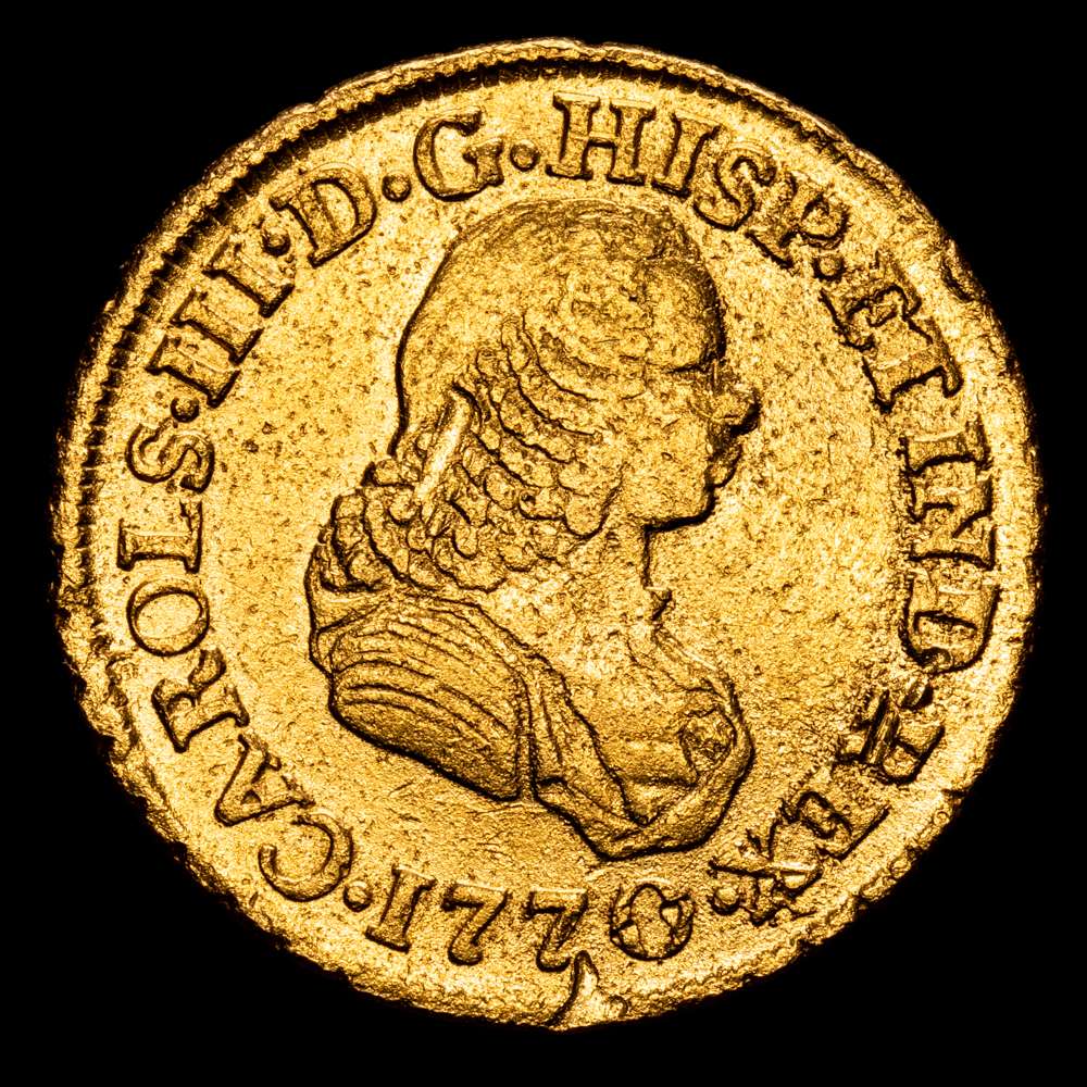 1770. Carlos III. Popayán. J. 2 escudos. (AC. 1624) (Restrepo 58-16).  Busto de Fernando VI. Bonito color. Escasa. (6,68 g.). (EBC-) .Oxidaciones marinas. Rara  ..