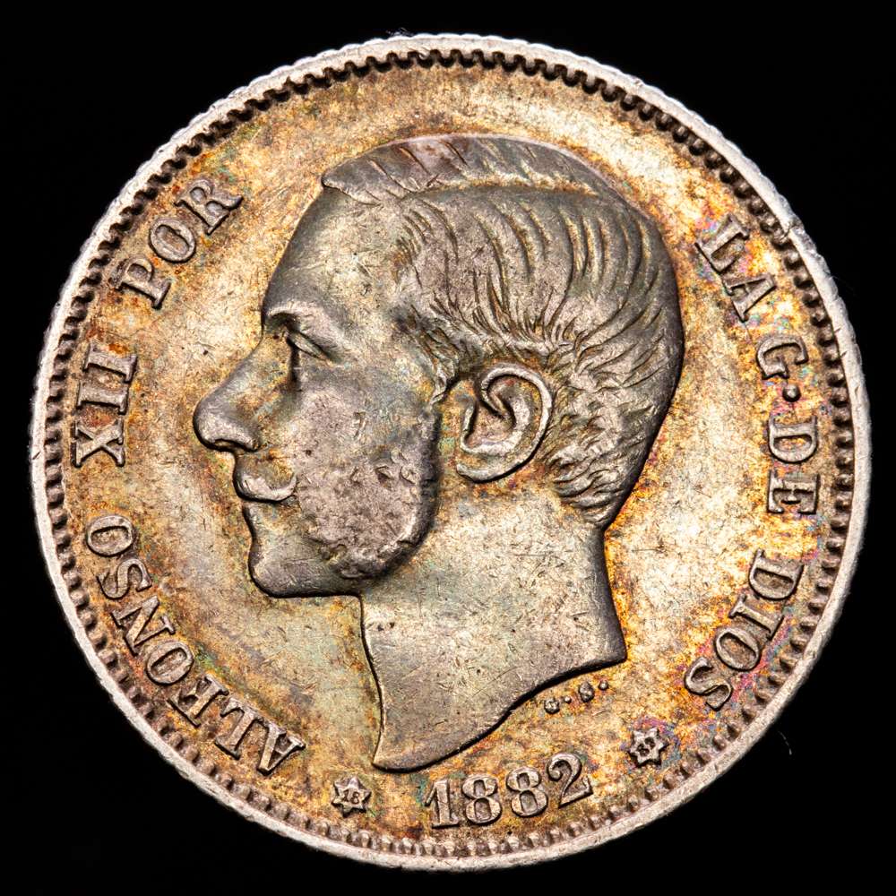 Alfonso XII. 1 Peseta. (4,90 g.). Madrid. 1882 *18-82*. MS·M. AC-32. Bella pátina irisada. MBC.