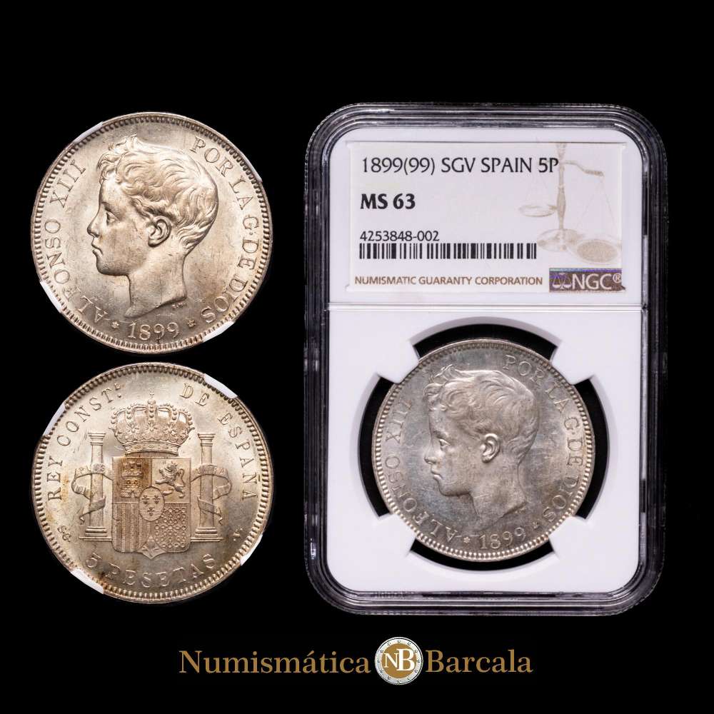 Alfonso XIII (1886-1931). 5 pesetas. 1899*18-99. Madrid. SGV. (Cal-110). Ag. Brillo original. Encapsulada por NGC como MS 63.
