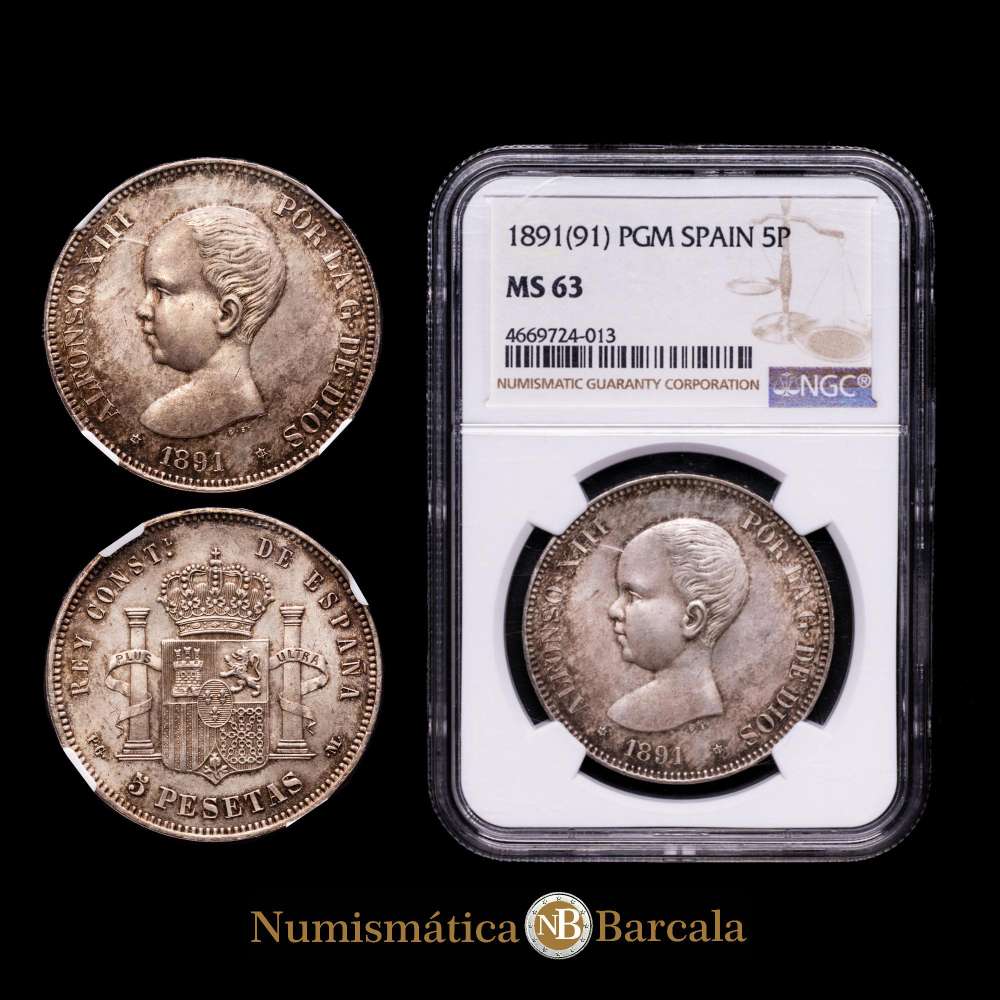 Alfonso XIII (1886-1931). 5 pesetas. 1891*18-91. Madrid. PGM. (Cal-98). Ag. 24,95 g. Parte del brillo original. Pátina oscura. Encapsulada por NGC como MS63.