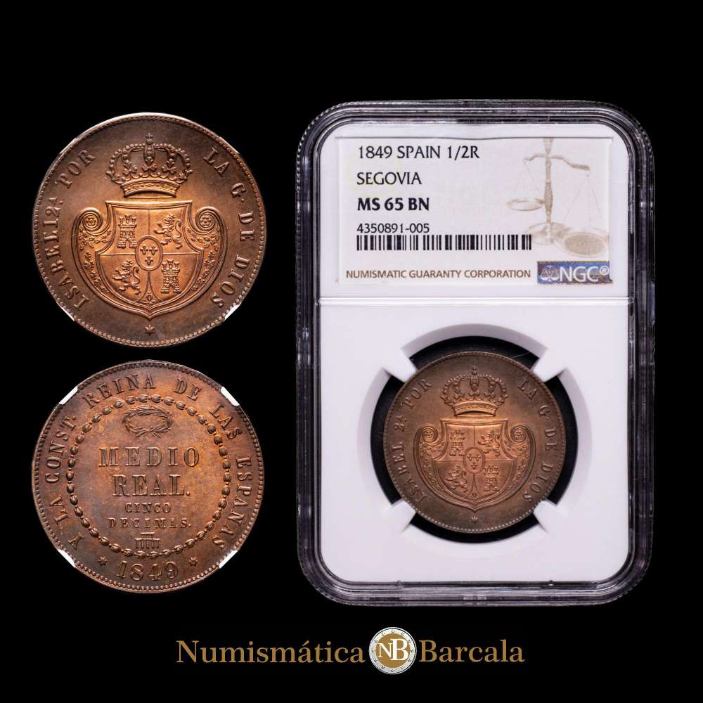 ISABEL II. 1/2 Real, También denominada 5 Décimas.1849. Ceca de Segovia. (KM-591.3),(AC.154).Encapsulada por NGC como MS-65 BN. Rarísima y más así.