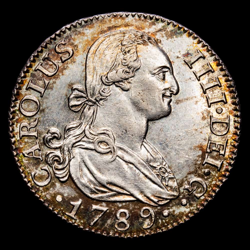 Carlos IV. 2 Reales. (5,92 g.). Madrid. 1789. Ensayador M·F. Aureo y Calico-596. EBC+/SC-. Brillo original. Rara así. Muy bella