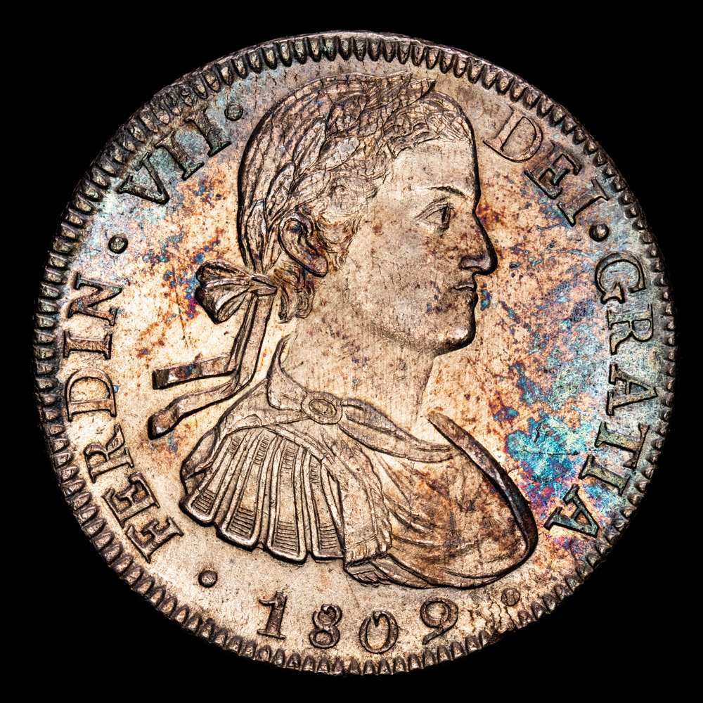 Fernando VII (1808-1833). 8 reales. 1809. México. TH. (Cal-1308). 27,02 g. Ag. Busto imaginario. Poco común en esta conservación. UNC-.
