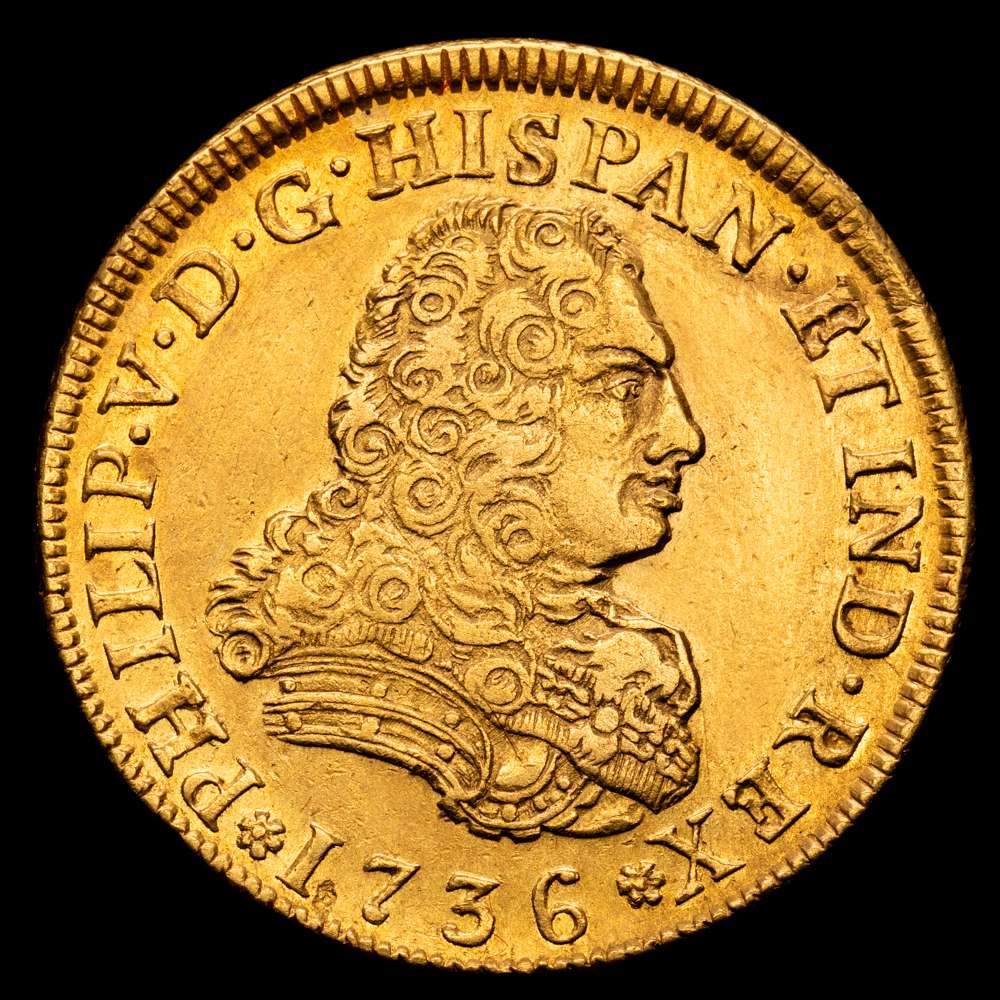 Felipe V. 4 Escudos. (13,43 g.). México. 1736. M·F. KM-135 (CAL-2039). R.B.O. Bello color. Muy rara. EBC-.