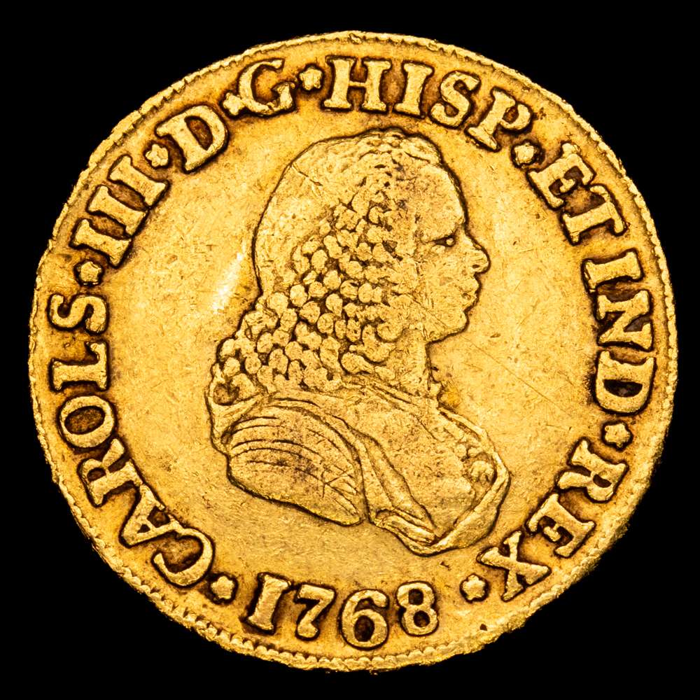 Carlos III (1759-1788). 2 escudos. 1768. Popayán. J. (Cal-1620). (Restrepo-58-12). Au. 6,69 gramos. Busto de Fernando VI. Color bonito. Escasa. Rara. MBC+.
