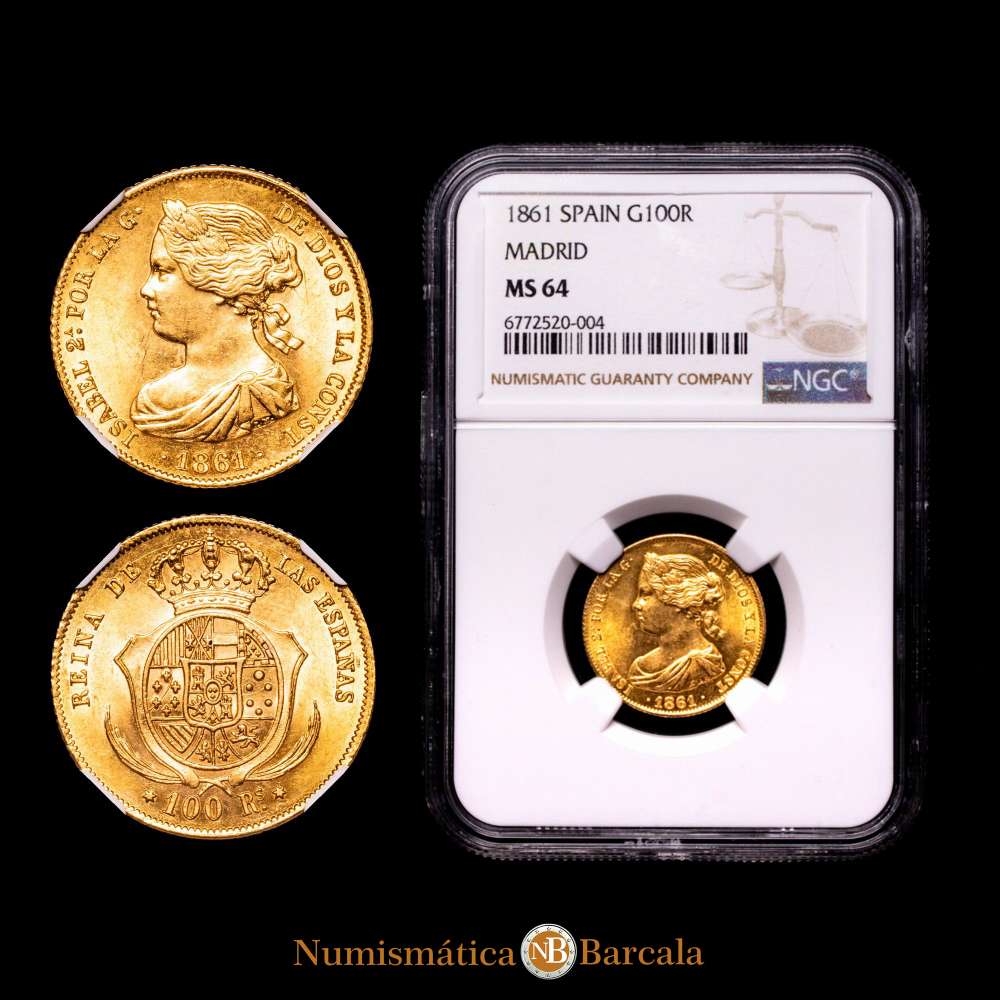 Isabel II, 100 reales, 1861, Madrid. Encapsulada por NGC como MS 64. Cal-788, KM-605.2. Pleno brillo original. Bellísima.