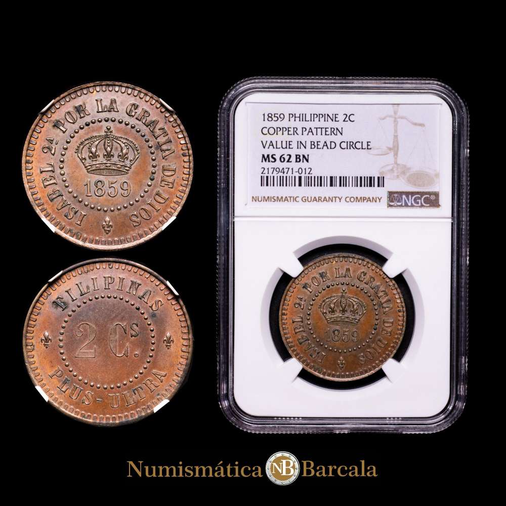 Filipinas, Isabel II (1833-1868). 2 centavos. 1859. Manila. (Cal-263). (Km-Pn13). Ae.  Prueba no adoptada. Encapsulada por NGC como MS62 BN. Precioso ejemplar. Rara.