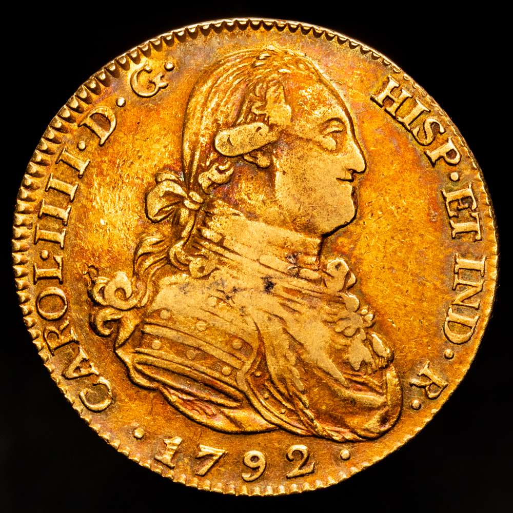 Carlos IV. 4 Escudos. (13,51 gr.). Madrid. 1792. M·F. Bella pátina irisada. AC-1475. MBC.