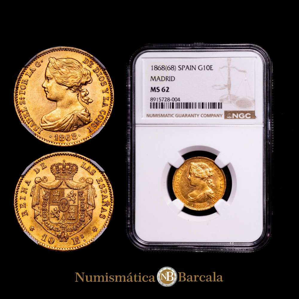 Isabel II (1833-1868). 10 escudos. 1868*18-68. Madrid. (Cal-815).  Au. Brillo original. Encapsulada por NGC como MS 62.