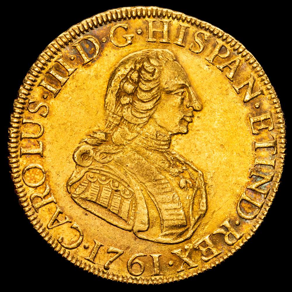 Carlos III (1759-1788). 8 escudos. 1761. Lima. JM. (Cal-1914). (Cal onza-673).  Au. 27,01 g. Primer busto. Buen ejemplar. Muy rara. MBC+. Bello color.