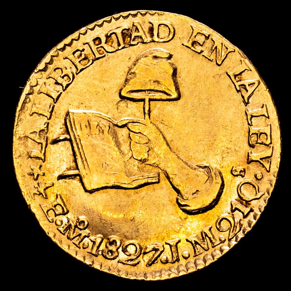 MÉXICO. República. 1/2 Escudo, 1827/6-Mo JM. Casa de la Moneda de la Ciudad de México. (1,69 gr). Fr-107; KM-378.5.  Muy pocos ejemplares conocidos. Muy rara. XF.
