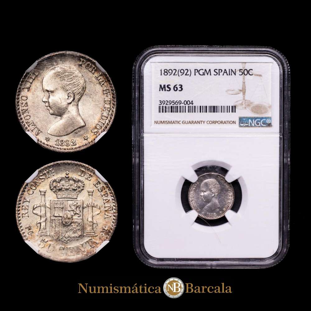 Centenario de la Peseta (1868-1931). Alfonso XIII (1886-1931). 50 céntimos. 1892*9-2. Madrid. PGM. (Cal-38). Ag. Brillo original. Encapsulada por NGC como MS 63.