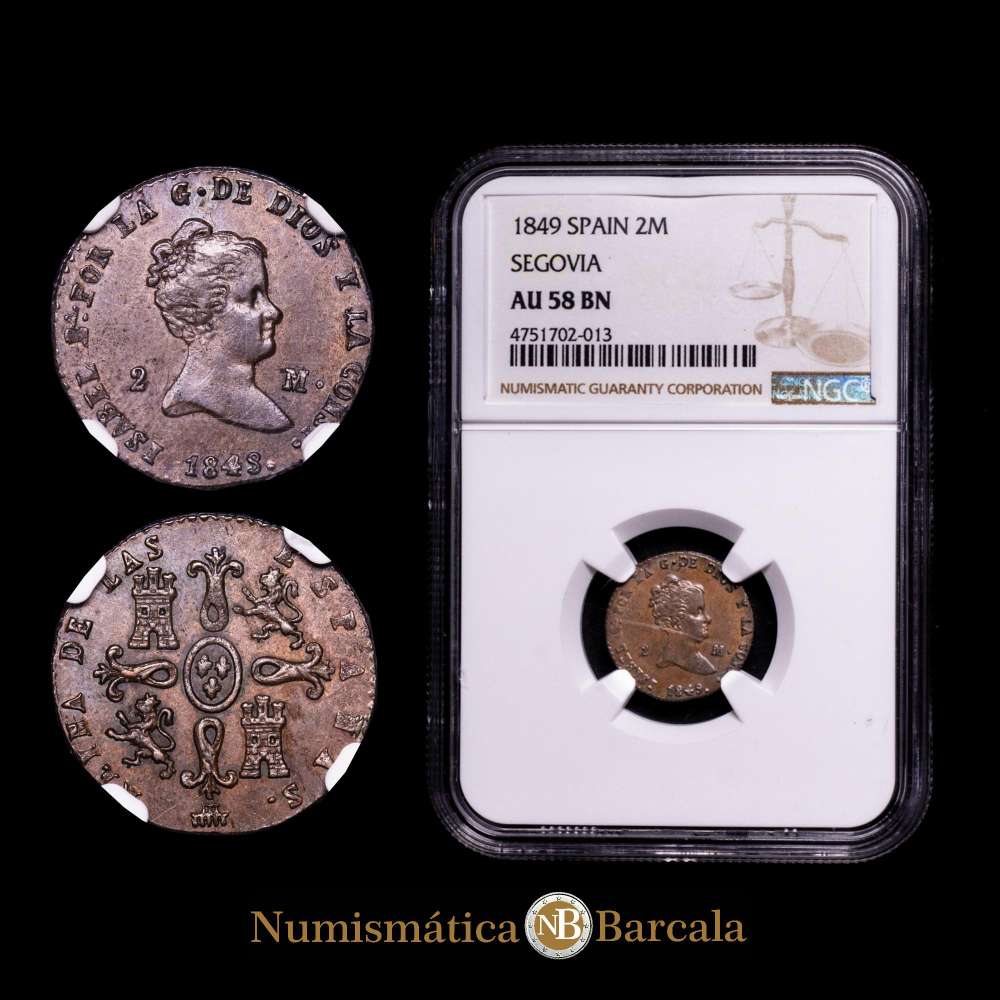 Isabel II (1833-1868). 2 maravedís. 1849. Segovia. (Cal-61). Ae.  Atractiva. Encapsulado por NGC AU 58.