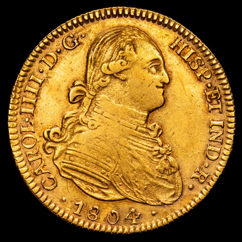 Carlos IV. 1804 México. TH. 4 escudos. (AC. 1502). Escasa. 13,48 gr. VF+ Bello color.