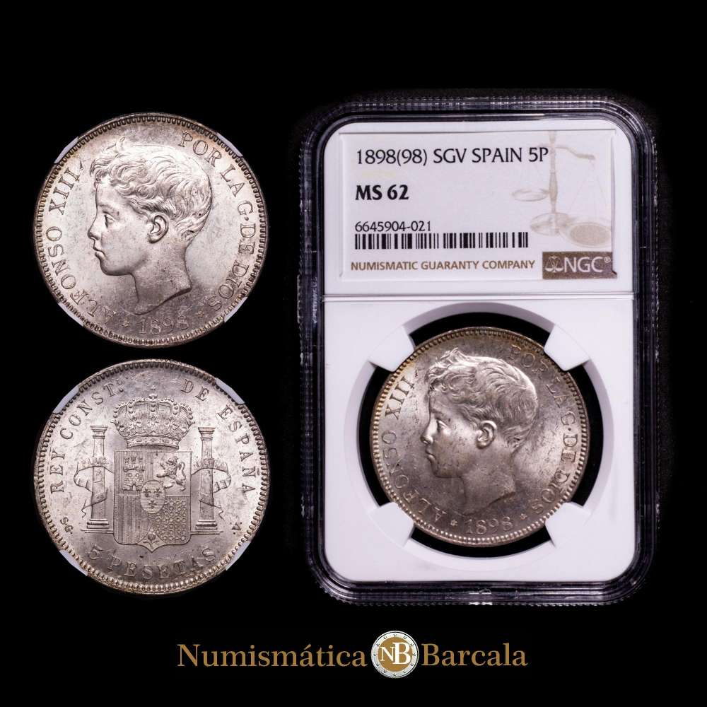 Centenario de la Peseta (1868-1931). Alfonso XIII (1886-1931). 5 pesetas. 1898*18-98. Madrid. SGV. (Cal-109). Ag. Brillo original. Encapsulada por NGC como MS 62.