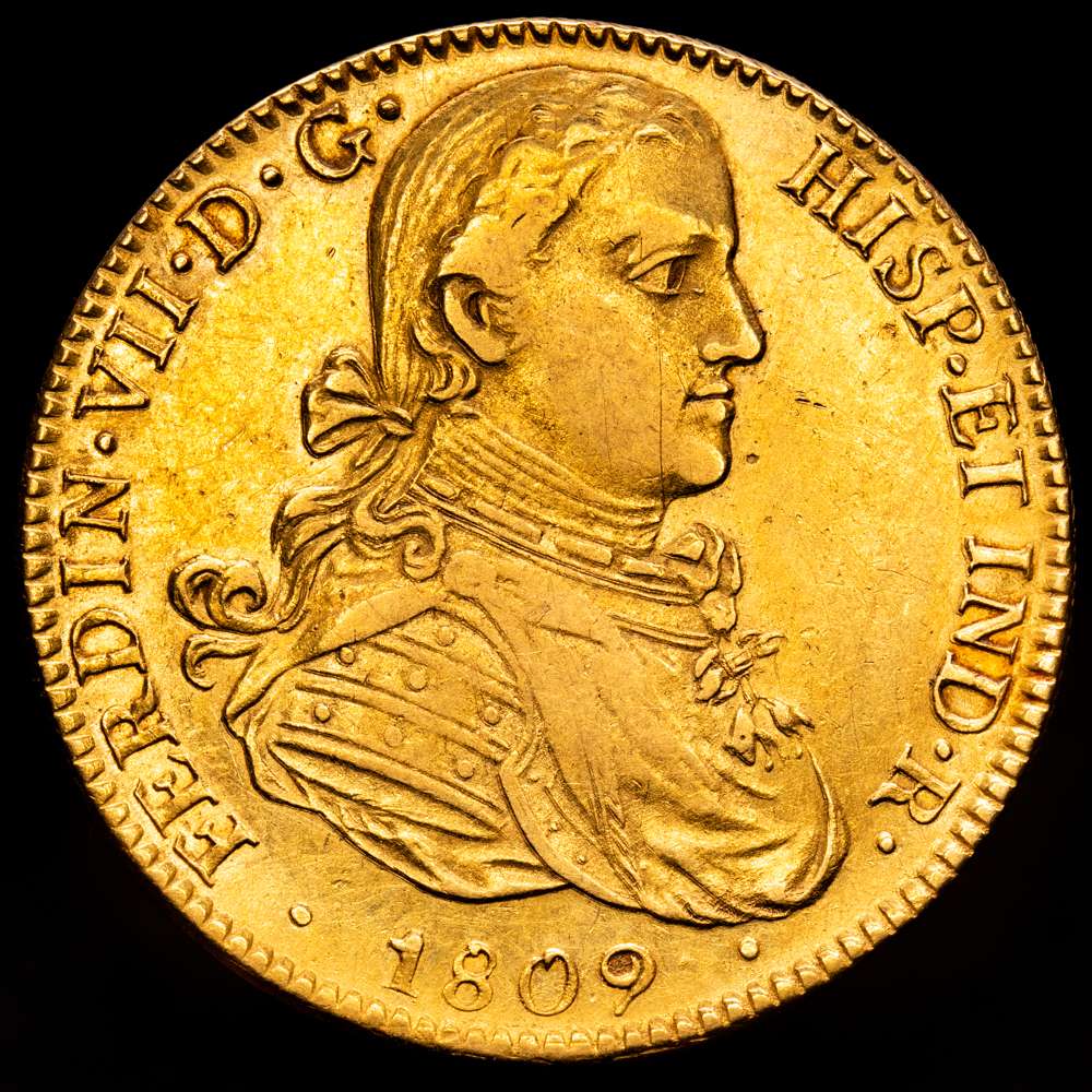 Fernando VII (1808-1833). 8 escudos. 1809. México. HJ. (Cal-1782). (Cal onza-1253). Au. 26,94 gramos. Busto imaginario. Bonito color, restos de brillo original. VF+/XF-.